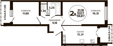 2-комн., 53.17 м², 11/24 этаж, ЖК «Гулливер»