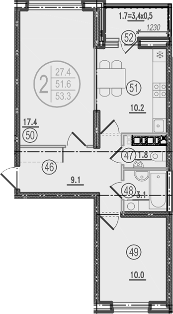 2-комн., 51.6 м², 6/9 этаж, ЖК «Спортивная деревня»