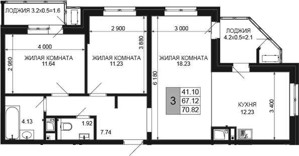 3-комн., 67.12 м², 4/16 этаж, ЖК «Сегодня»