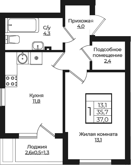 1-комн., 35.7 м², 8/9 этаж, ЖК «Европа-Сити»
