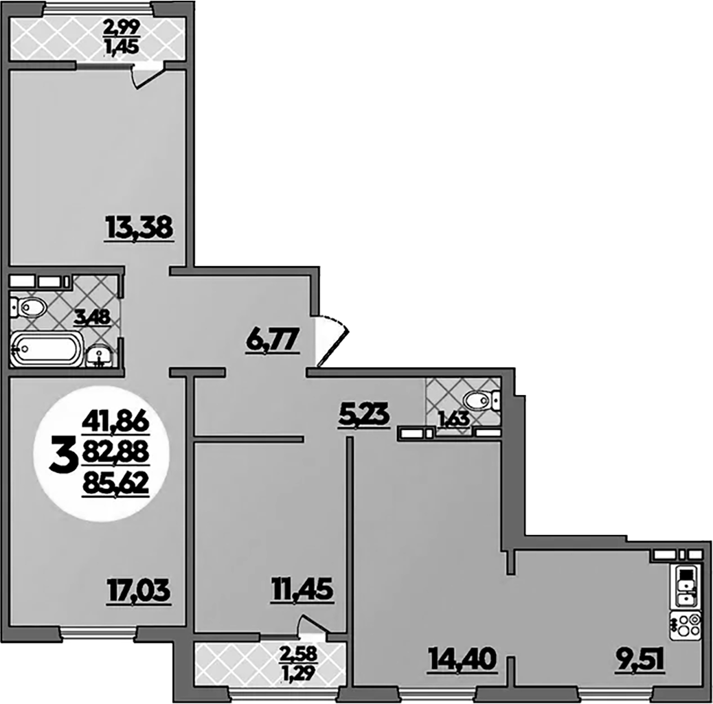 3-комн., 82.88 м², 2/8 этаж, ЖК «Молодежный 2»