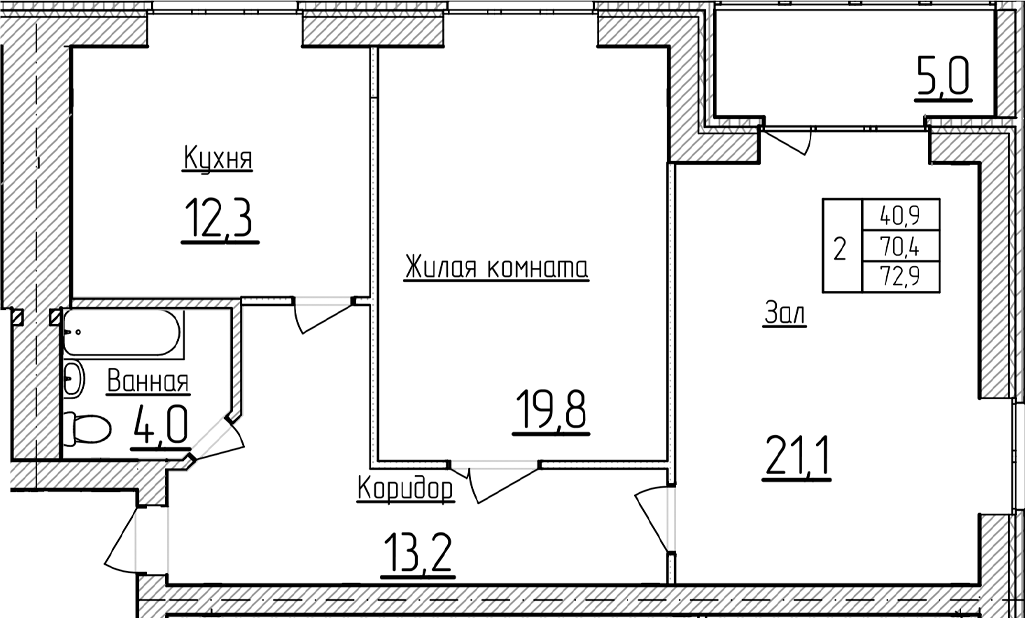 2-комн., 70.4 м², 5/5 этаж, ЖК «Фестивальный»