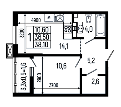 1-комн., 36.5 м², 9/11 этаж, ЖК «Звезды»