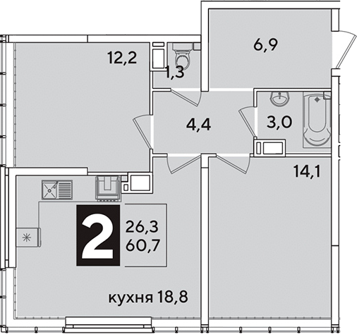 3-комн., 60.7 м², 15/16 этаж, ЖК «Самолет»