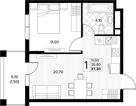 1-комн., 35.8 м², 3/6 этаж, ЖК «Кипарис»