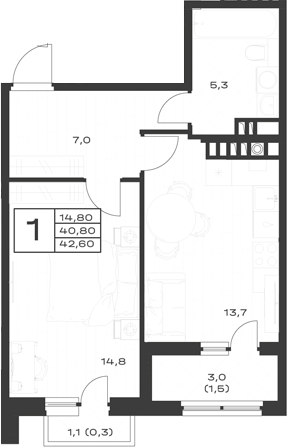 1-комн., 40.8 м², 2/4 этаж, ЖК «ЭкоСфера. ГК Во-первых»