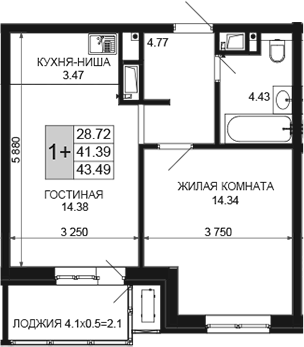2-комн., 41.39 м², 13/16 этаж, ЖК «Сегодня»