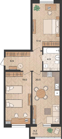 3-комн., 71.7 м², 24/24 этаж, ЖК «ЖК «Мята»»