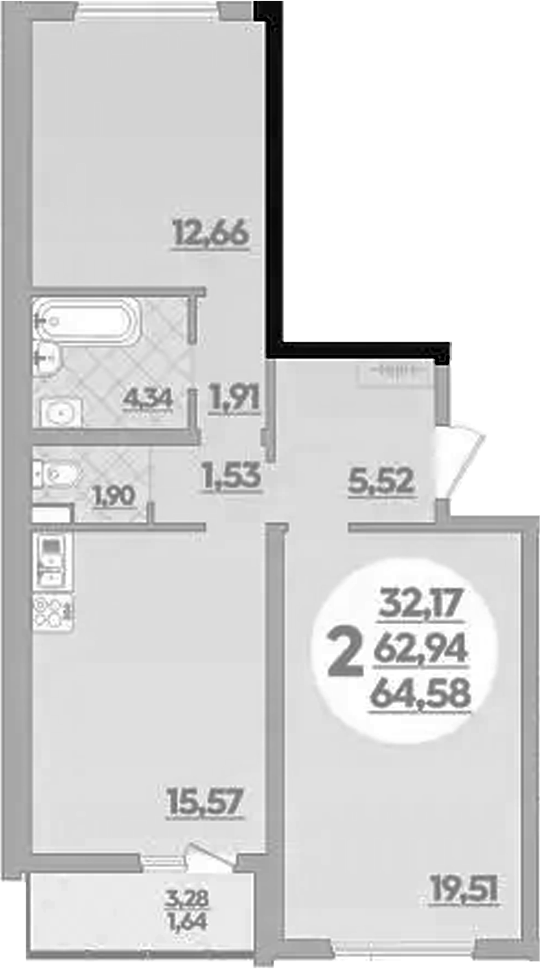 Продается 2-комн. квартира, 62.94 м²