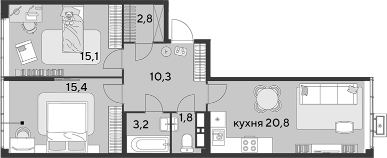 3-комн., 69.4 м², 17/18 этаж, ЖК «Парк Победы»