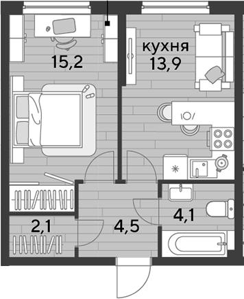 1-комн., 39.8 м², 2/16 этаж, ЖК «DОГМА ПАРК»