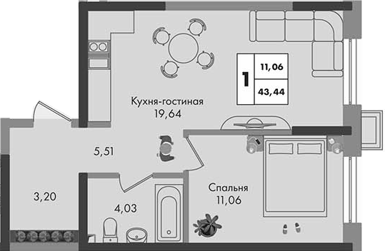 1-комн., 43.44 м², 2/9 этаж, ЖК «Зеленая территория»
