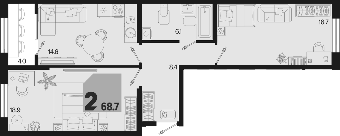 2-комн., 64.7 м², 2/18 этаж, ЖК «Первое место»