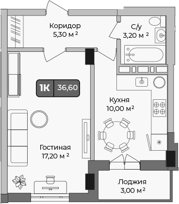 1-комн., 35.7 м², 4/9 этаж, ЖК «Опера»