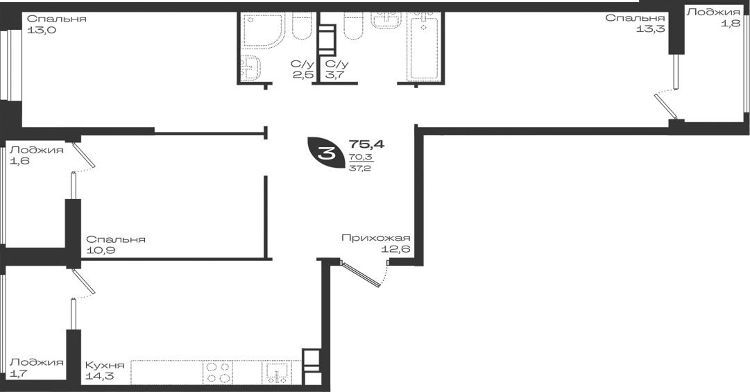 3-комн., 70.3 м², 5/9 этаж, ЖК «Ботаника»