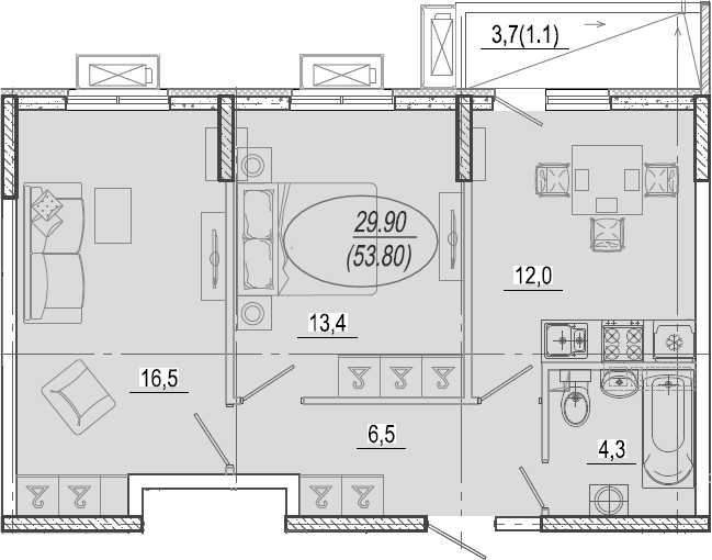 2-комн., 52.7 м², 1/9 этаж, ЖК «Микрорайон Южане»