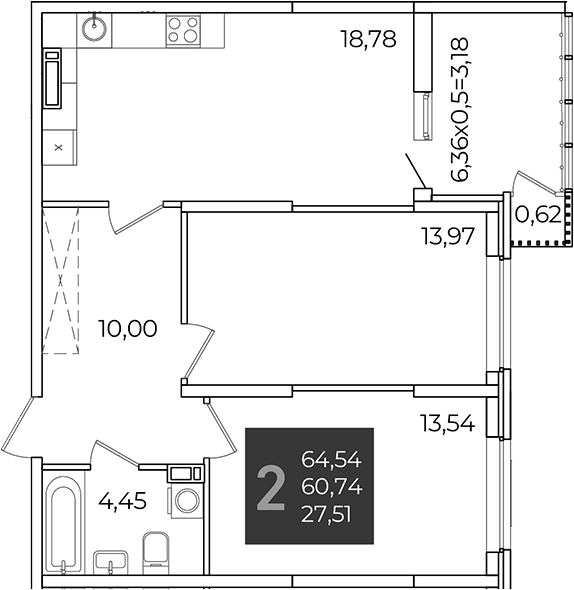 2-комн., 60.74 м², 13/21 этаж, ЖК «Образцово»