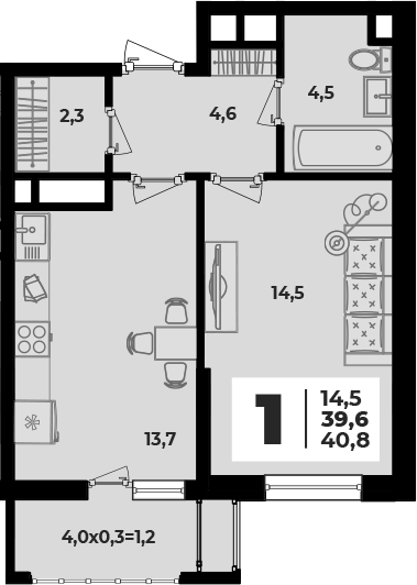 1-комн., 39.6 м², 2/8 этаж, ЖК «Родной дом 5»