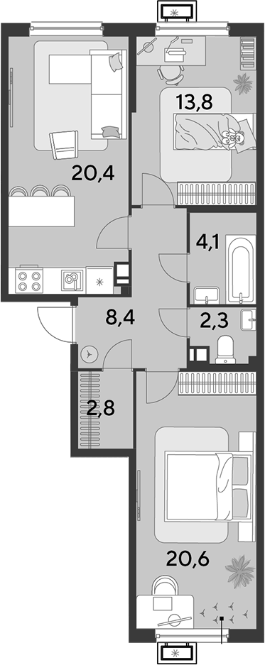 3-комн., 72.4 м², 2/16 этаж, ЖК «Парк Победы»