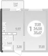 1-комн., 34.58 м², 4/9 этаж, ЖК «Романовский»