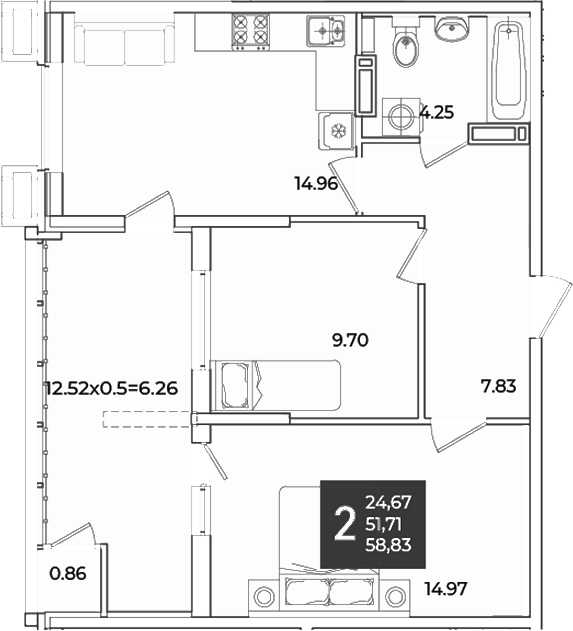 2-комн., 52.57 м², 15/18 этаж, ЖК «Образцово»