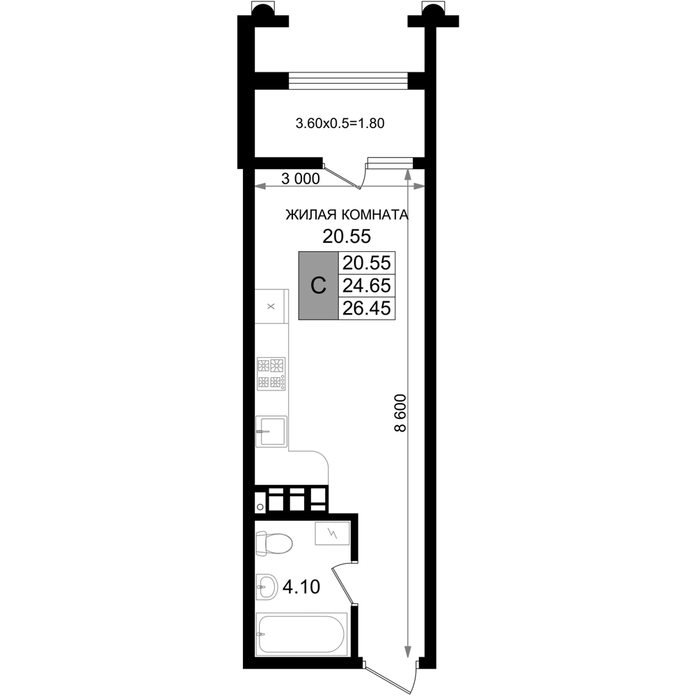 Студия, 24.65 м², 8/8 этаж, ЖК «Резиденция морей»