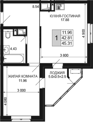 2-комн., 42.81 м², 10/16 этаж, ЖК «Сегодня»