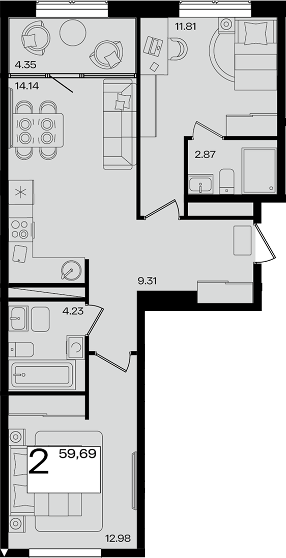 3-комн., 55.12 м², 3/7 этаж, ЖК «Патрики»