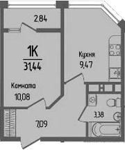 1-комн., 30.02 м², 5/16 этаж, ЖК «Прима»