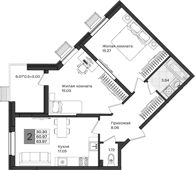 2-комн., 60.97 м², 2/8 этаж, ЖК «МОНО квартал»