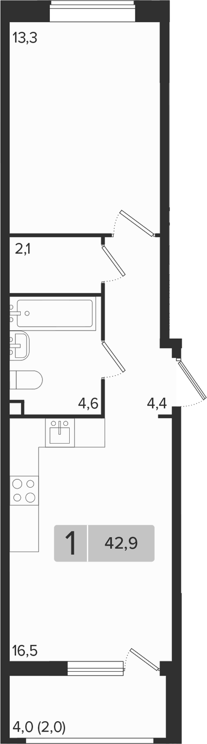 1-комн., 40.9 м², 2/9 этаж, ЖК «Эрмитаж»