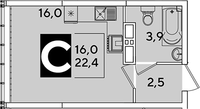 Студия, 22.4 м², 15/16 этаж, ЖК «Самолет»