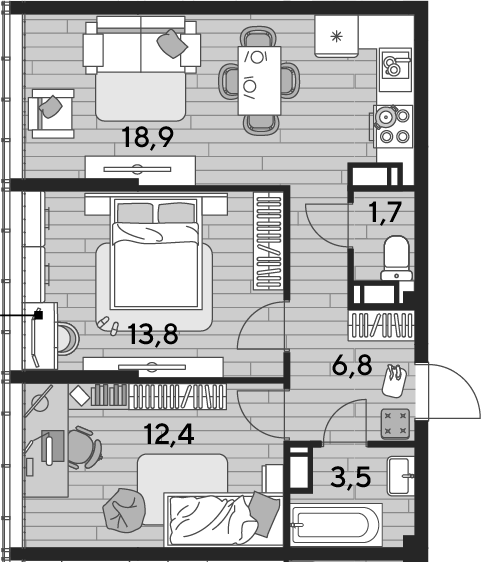 2-комн., 57 м², 12/16 этаж, ЖК «DОГМА ПАРК»