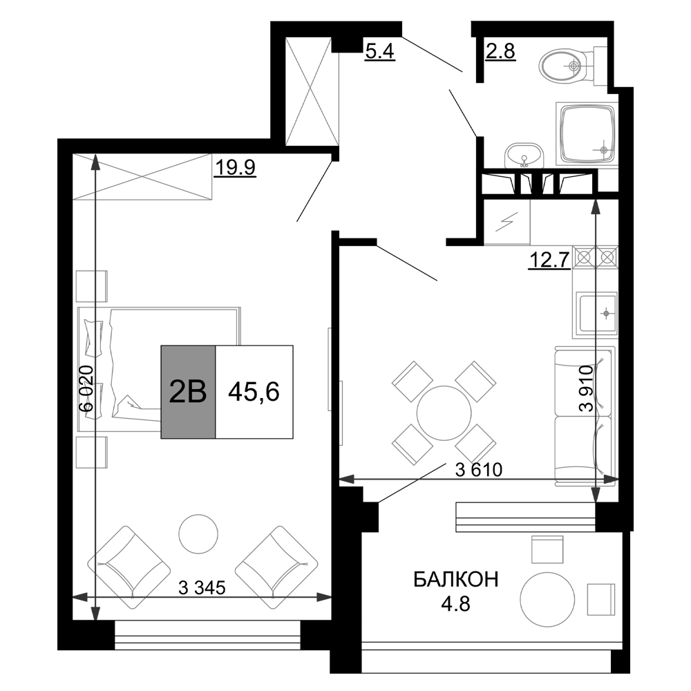 2-комн., 40.8 м², 4/9 этаж, ЖК «Гостиничный комплекс Мореград»