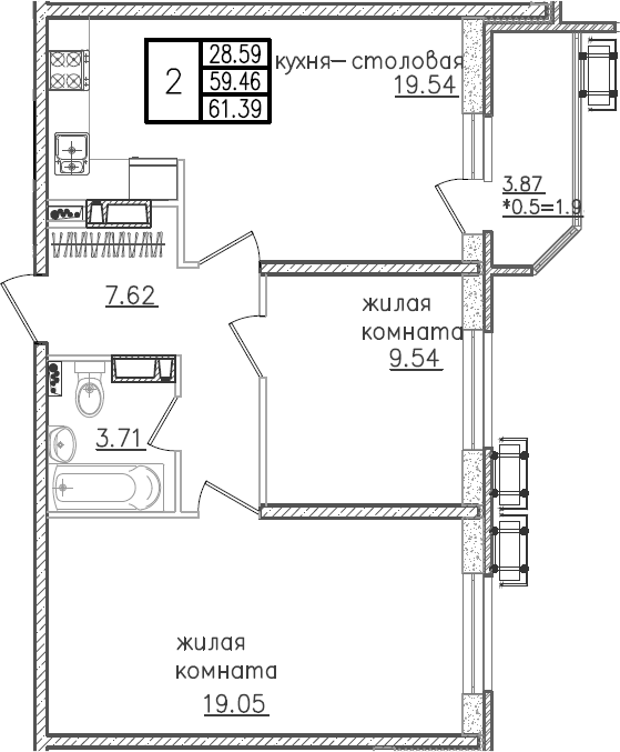 3-комн., 59.46 м², 21/23 этаж, ЖК «Урал»
