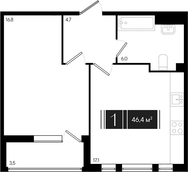 1-комн., 42.9 м², 2/9 этаж, ЖК «Эрмитаж»