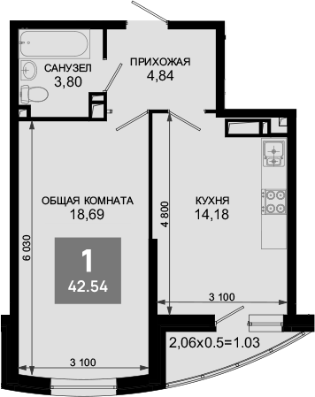 1-комн., 41.51 м², 17/19 этаж, ЖК «Лучший»