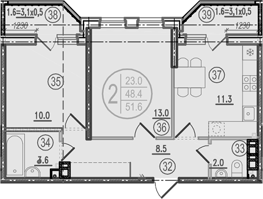 2-комн., 48.4 м², 6/9 этаж, ЖК «Спортивная деревня»