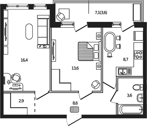 2-комн., 53.8 м², 2/9 этаж, ЖК «Сиреневый бульвар»