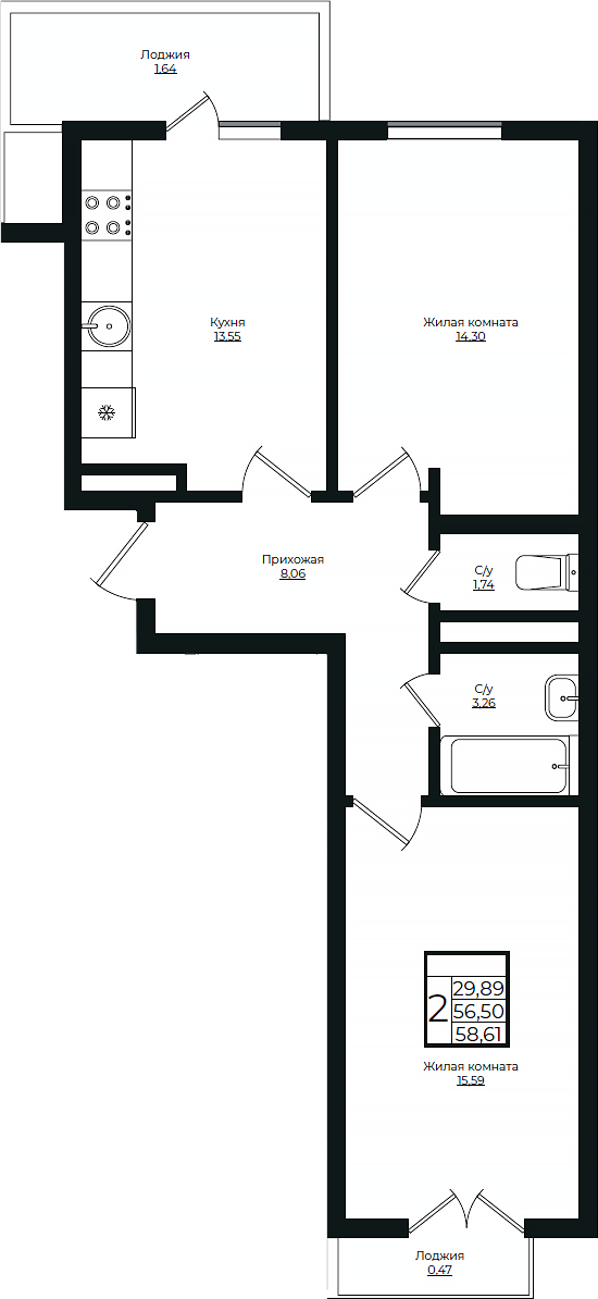 2-комн., 56.5 м², 8/10 этаж, ЖК «Европа-Сити»