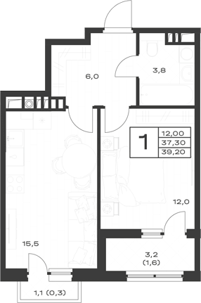 1-комн., 37.3 м², 3/4 этаж, ЖК «ЭкоСфера. ГК Во-первых»
