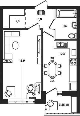 1-комн., 36.2 м², 4/9 этаж, ЖК «Сиреневый бульвар»