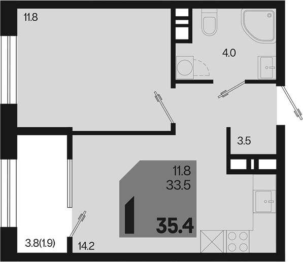 1-комн., 33.5 м², 8/9 этаж, ЖК «Первое место»