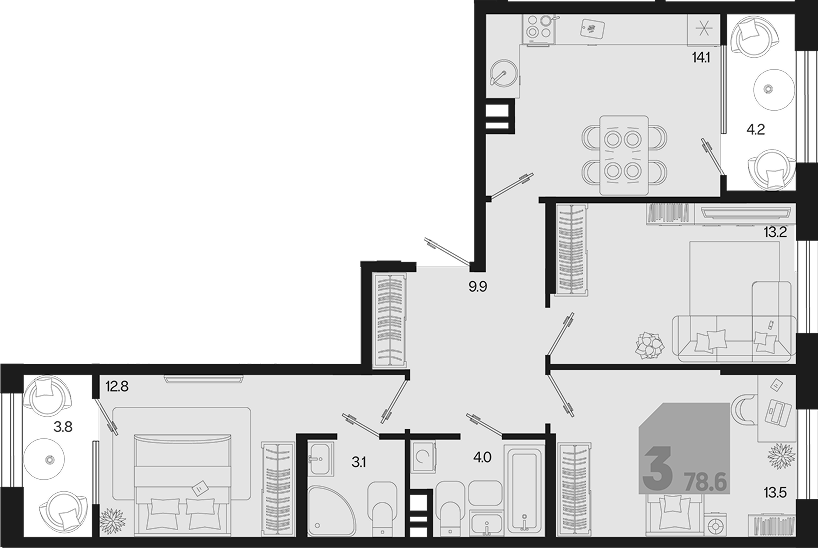 3-комн., 70.6 м², 8/9 этаж, ЖК «Первое место»