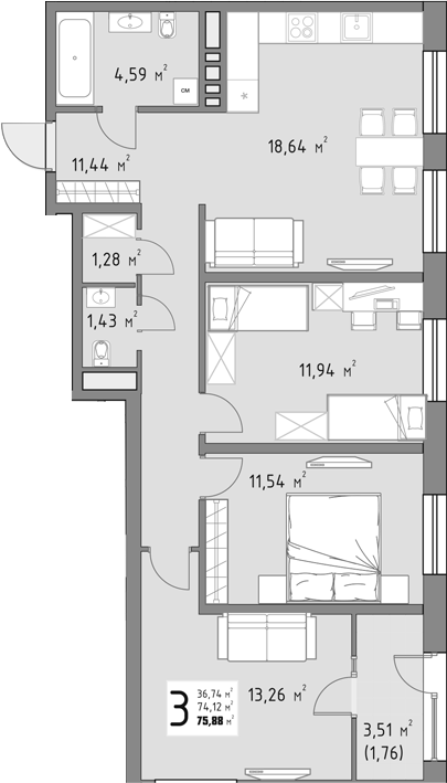 3-комн., 74.12 м², 6/9 этаж, ЖК «Коллекция»
