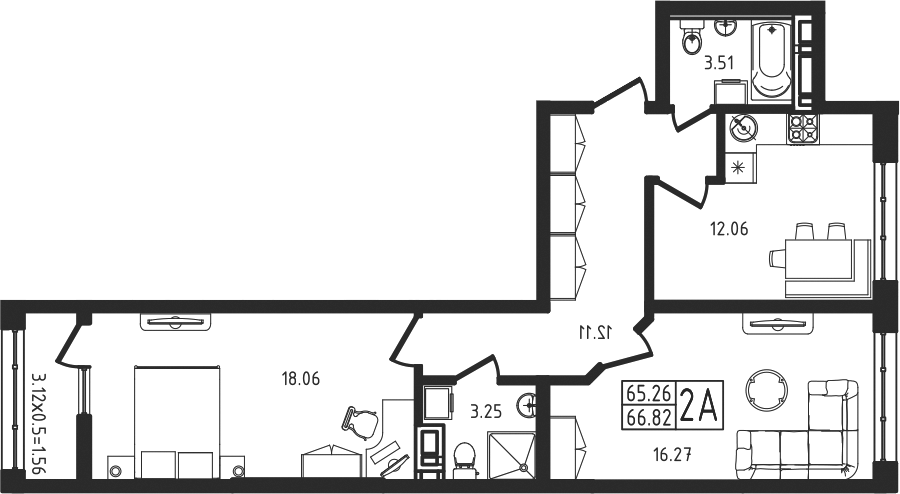 2-комн., 65.26 м², 5/9 этаж, ЖК «Яблоневый»