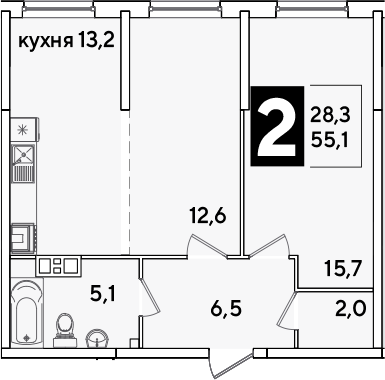 2-комн., 55.1 м², 3/16 этаж, ЖК «Самолет»