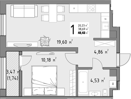 1-комн., 38.69 м², 7/9 этаж, ЖК «Коллекция»