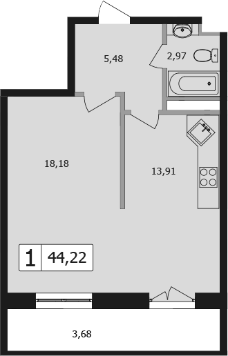 1-комн., 40.54 м², 7/16 этаж, ЖК «Жемчужина»