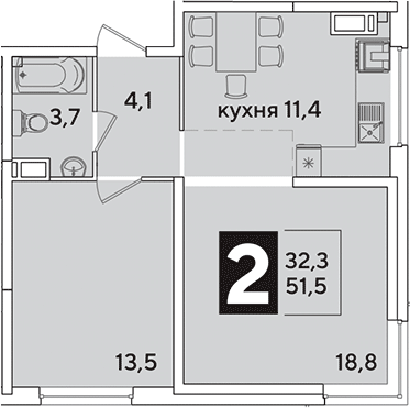 2-комн., 51.5 м², 13/16 этаж, ЖК «Самолет»